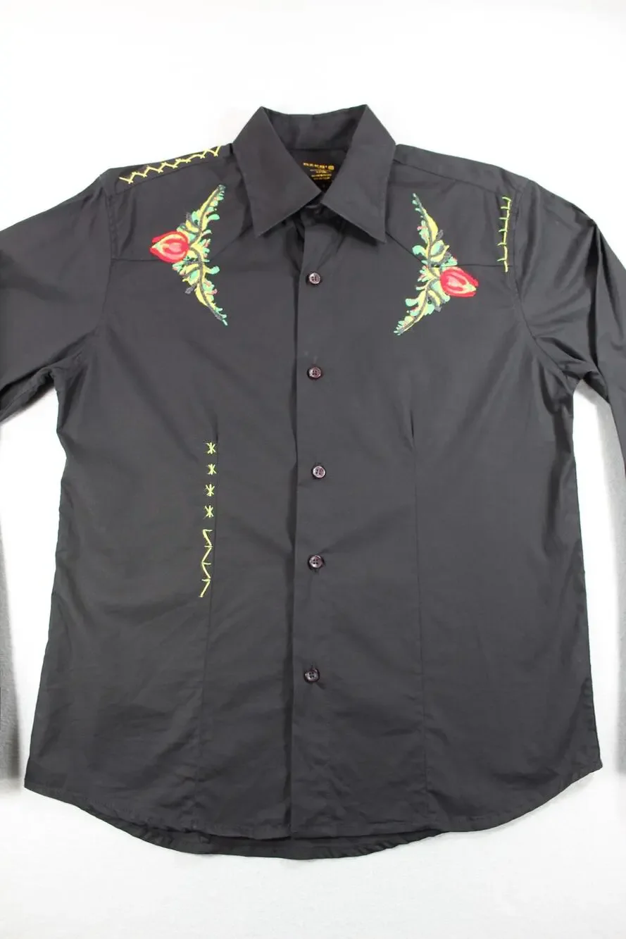 Czer' Black Embroidered Floral Button Up Shirt Men's Medium Long Sleeve